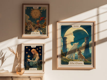 Three framed tarot card posters are displayed on a wall, featuring The Sun, The Star, and The Moon with a wolf and dog howling beneath a crescent moon.