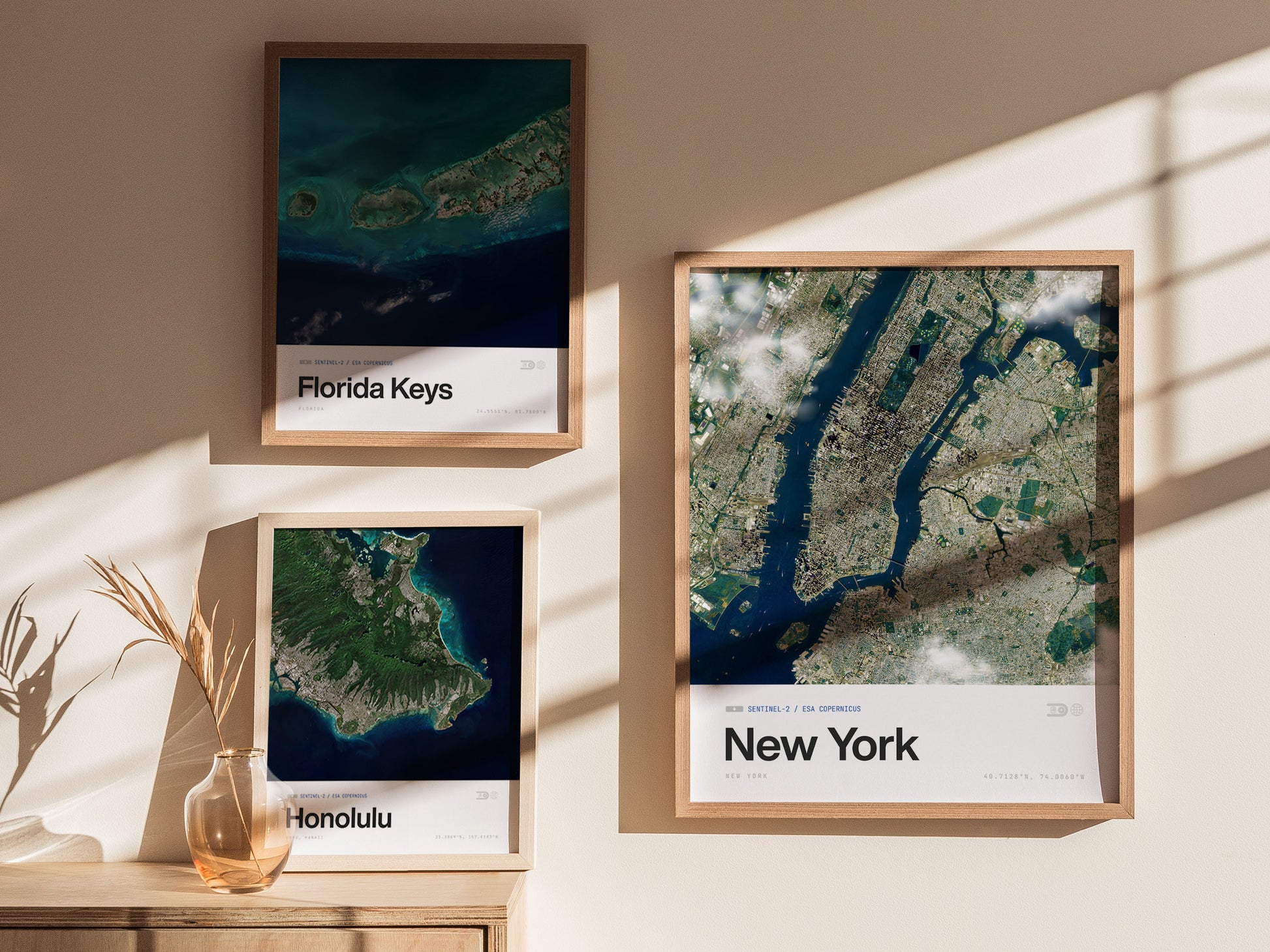 Aerial view of New York City poster showcasing urban landscapes, rivers, and clouds, perfect for travel art enthusiasts.