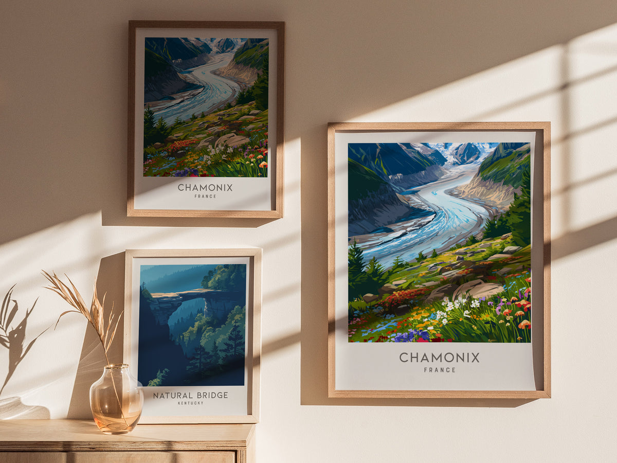 Chamonix Matte Border Poster | France Alpine Travel Wall Art — styled in a modern interior