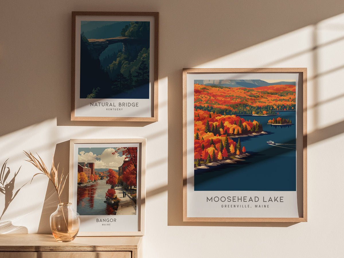 Moosehead Lake Matte Border Poster | Greenville, Maine Destination Print Travel Wall Art — styled in a modern interior