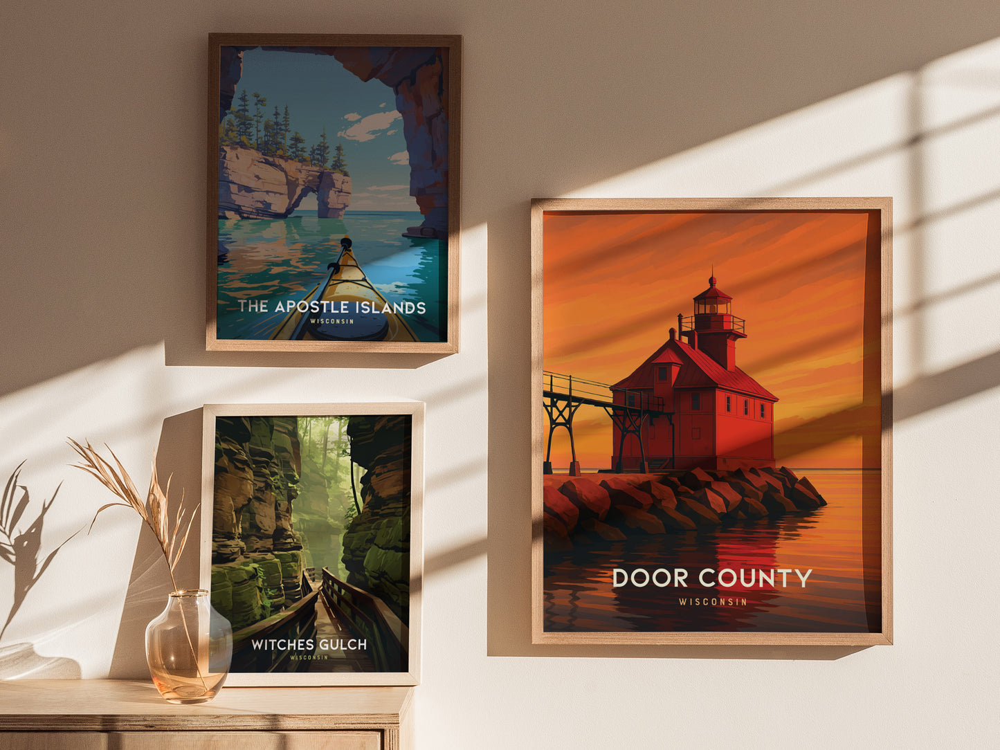 Framed Door County art print featuring a red lighthouse against a warm sunset, perfect for travel art lovers.