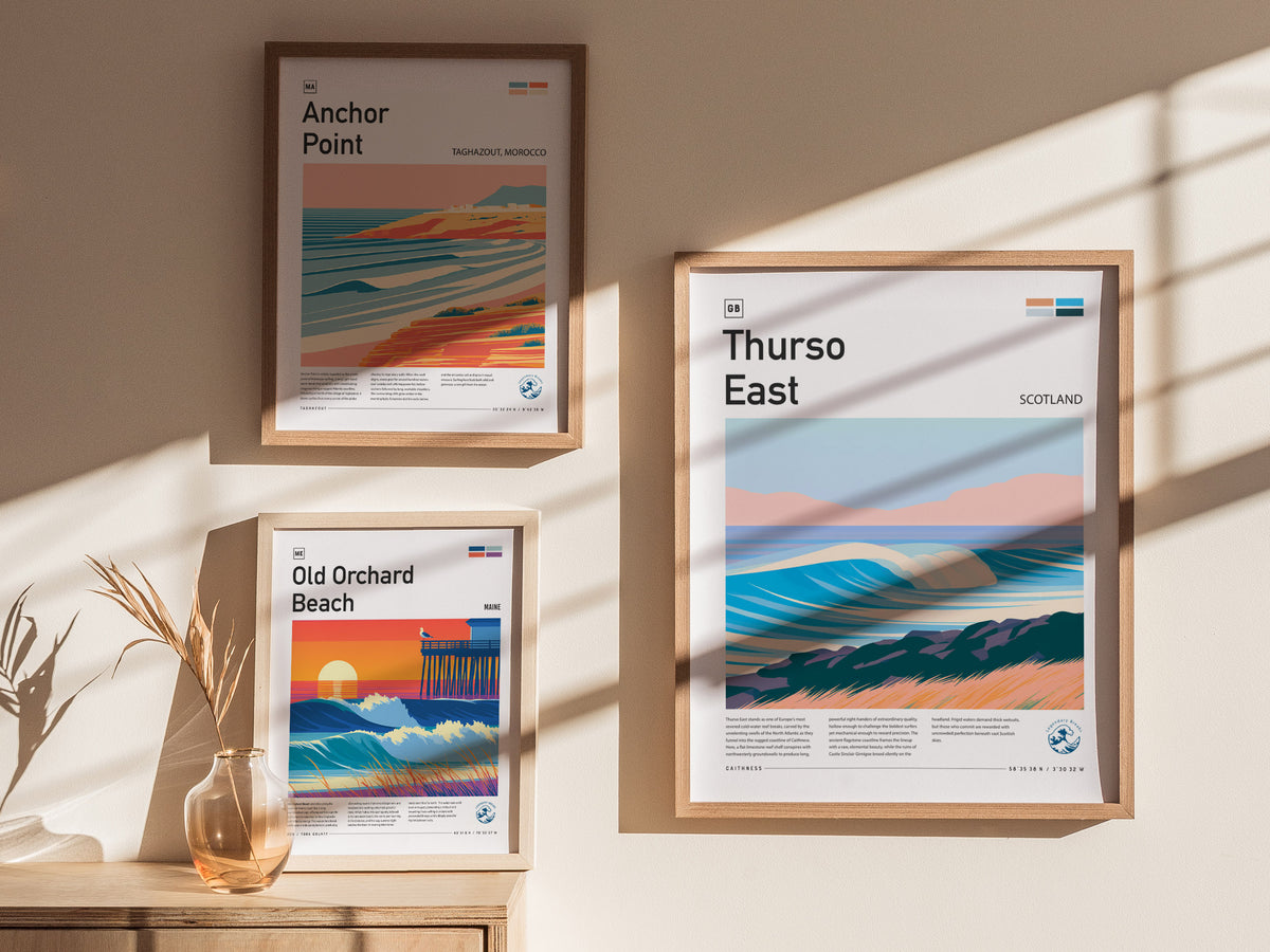 Thurso East, Scotland Poster | Highland Surf Destination Print Wall Art — styled in a modern interior