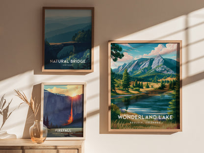 Wonderland Lake, Boulder, Colorado Poster | Mountain Lake Serenity Wall Art — styled in a modern interior