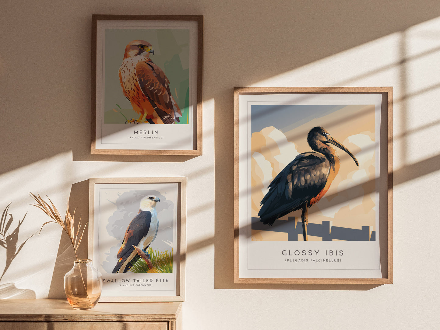 Glossy Ibis Poster | Iridescent Wading Bird Nature Wall Art — styled in a modern interior