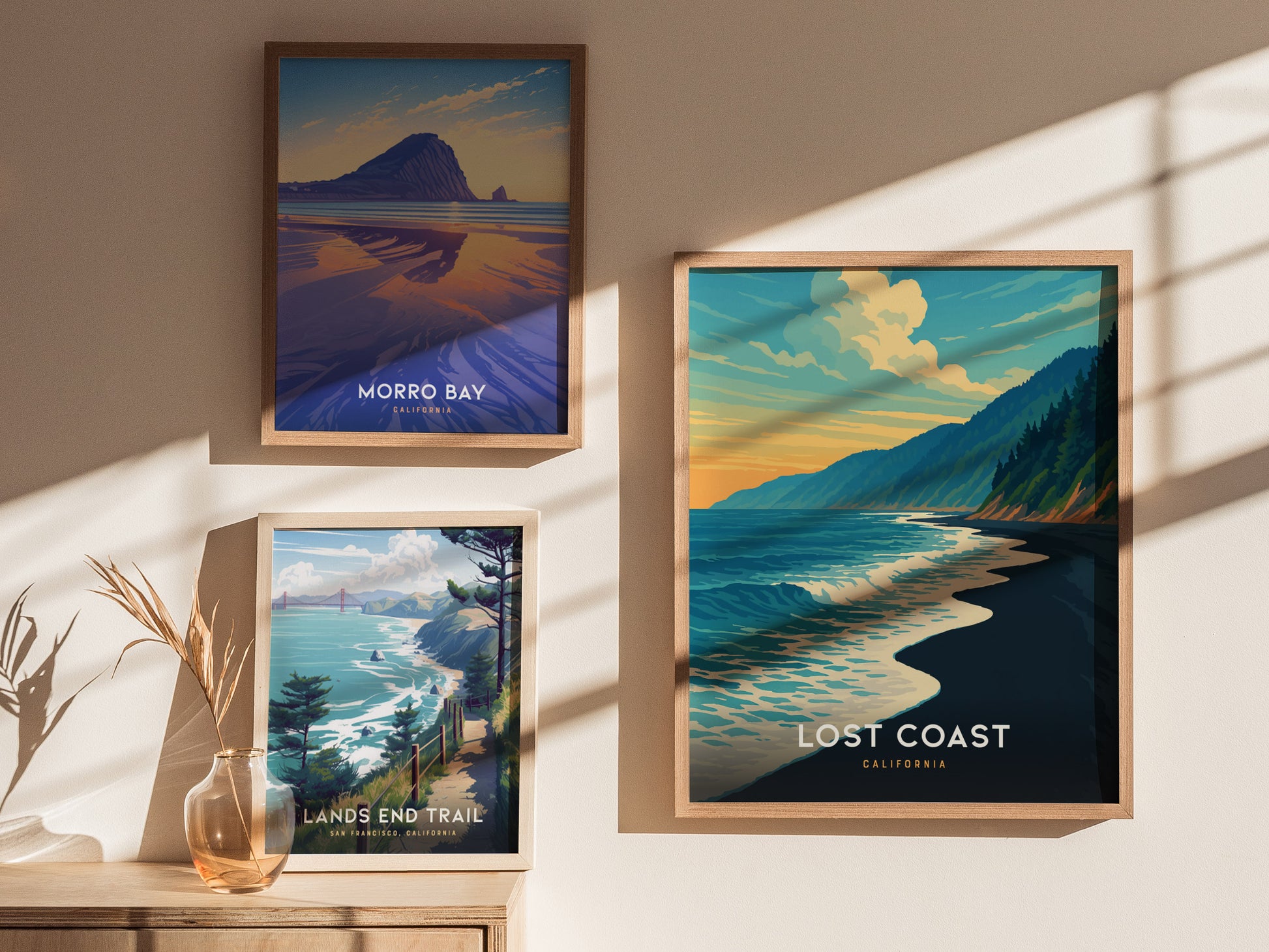 Vintage Lost Coast California poster featuring a vibrant coastal scene with crashing waves, rugged cliffs, and a sunset sky in warm hues.