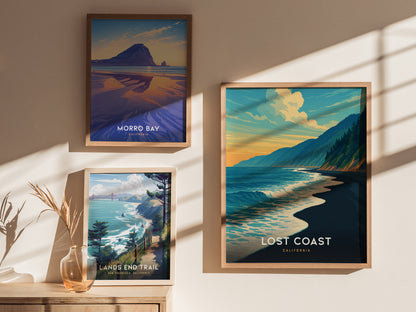 Vintage Lost Coast California poster featuring a vibrant coastal scene with crashing waves, rugged cliffs, and a sunset sky in warm hues.