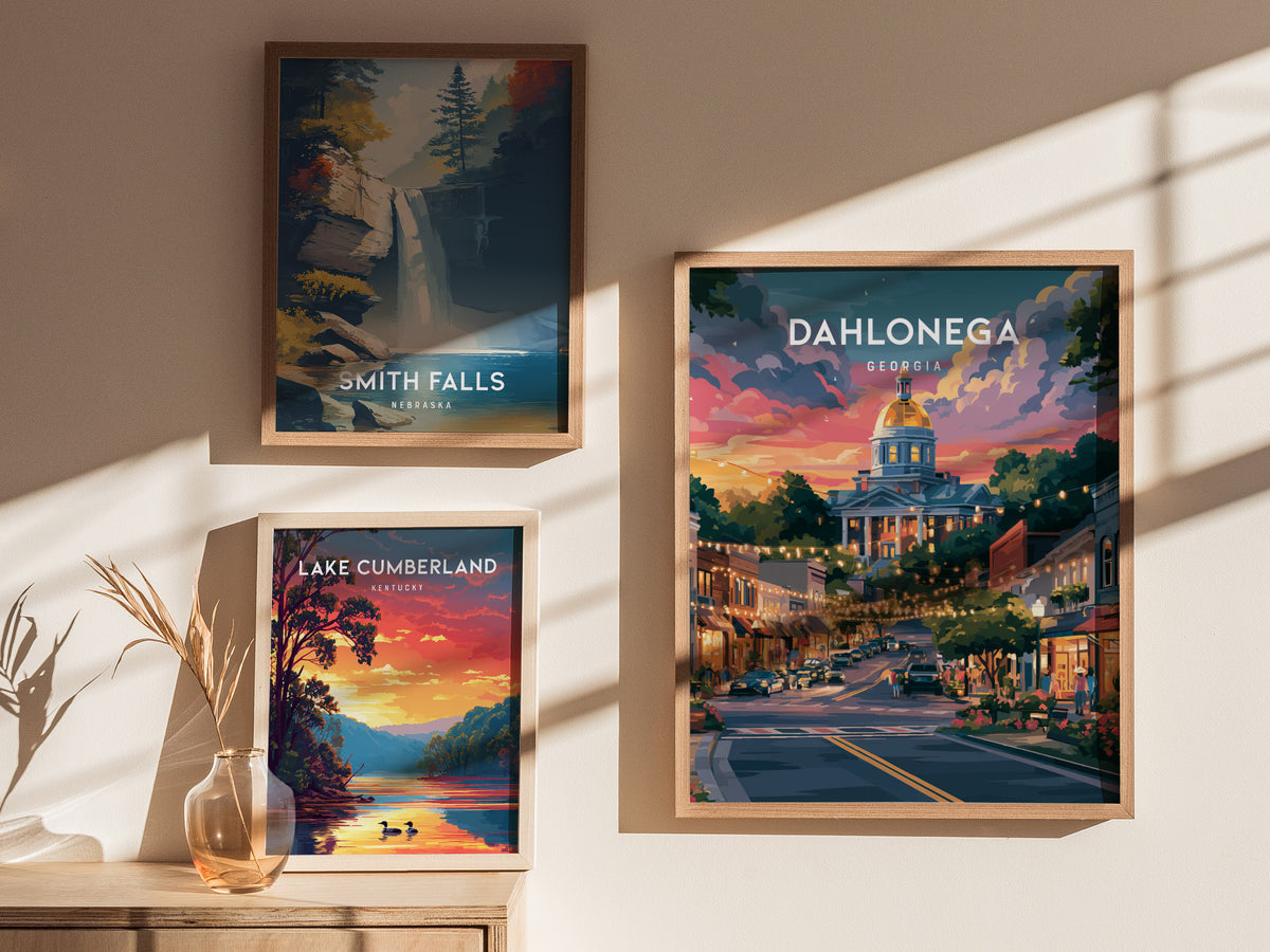 Dahlonega, Georgia Poster | Gold Rush Mountain Town Wall Art — styled in a modern interior