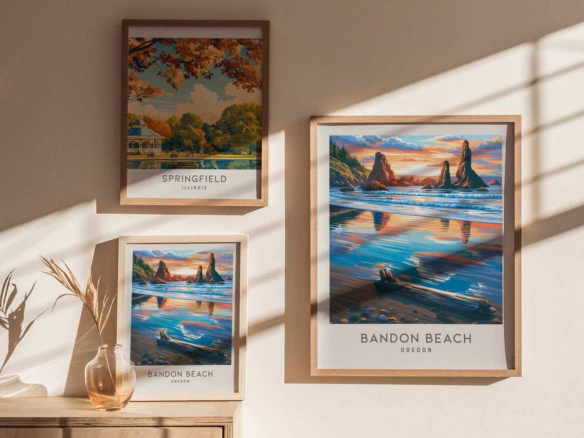 Bandon Beach Matte Border Poster | Oregon Coastal Beach Decor — styled in a modern interior