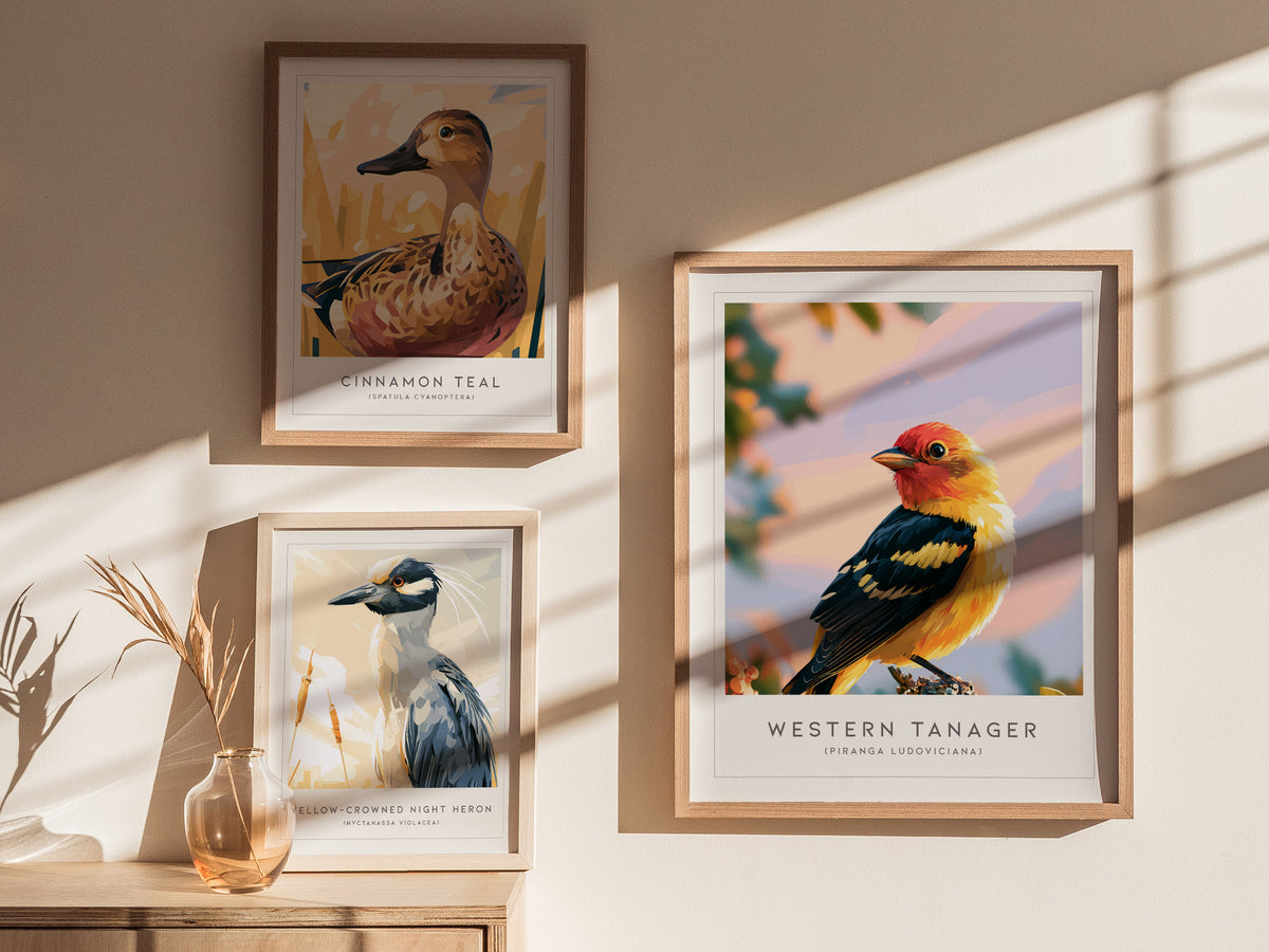 Western Tanager, Piranga ludoviciana Poster | Vibrant Songbird Nature Wall Art — styled in a modern interior