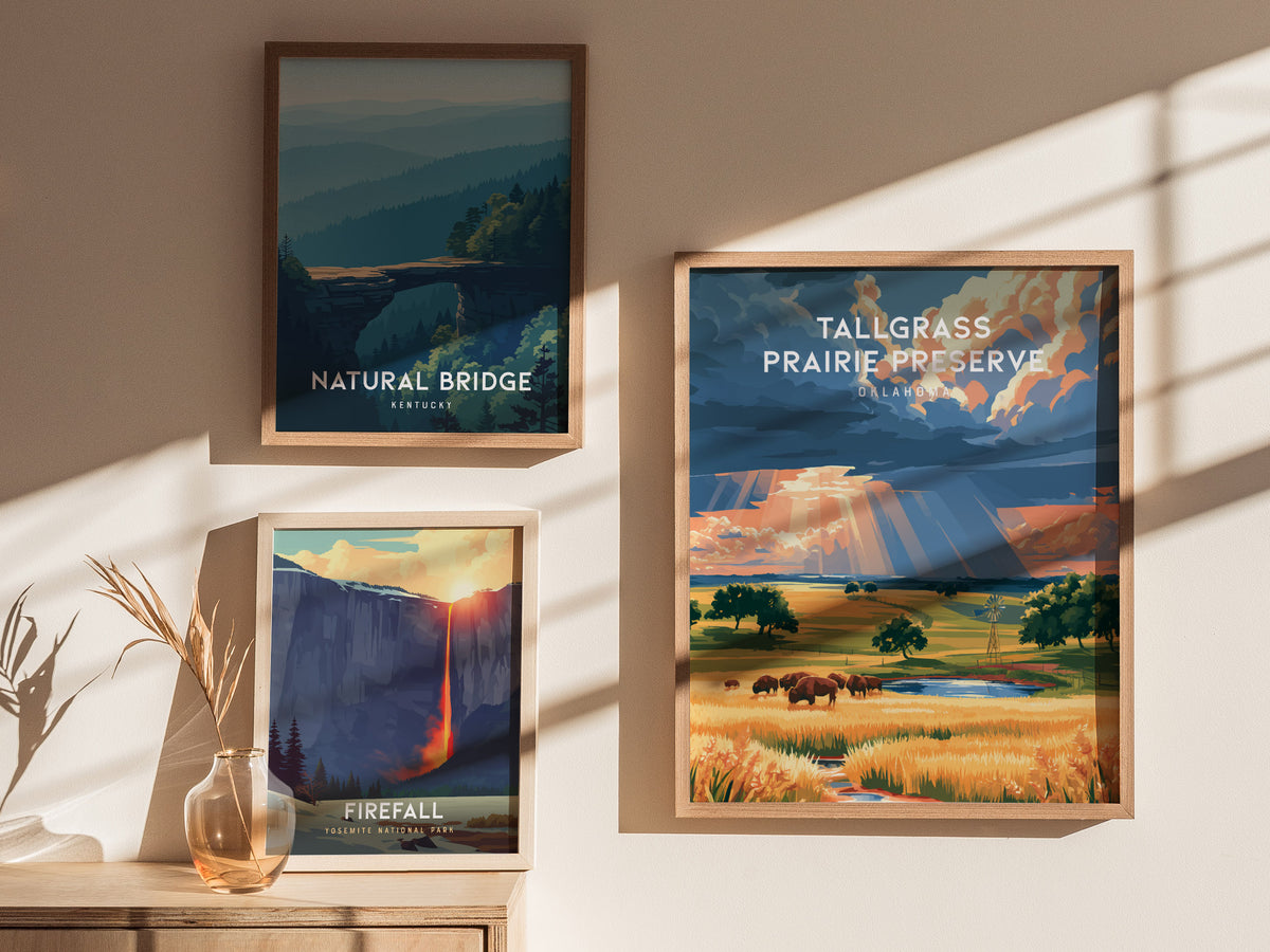 Tallgrass Prairie Preserve, Oklahoma Poster | Golden Plains & Bison Framed or Unframed Wall Art — styled in a modern interior
