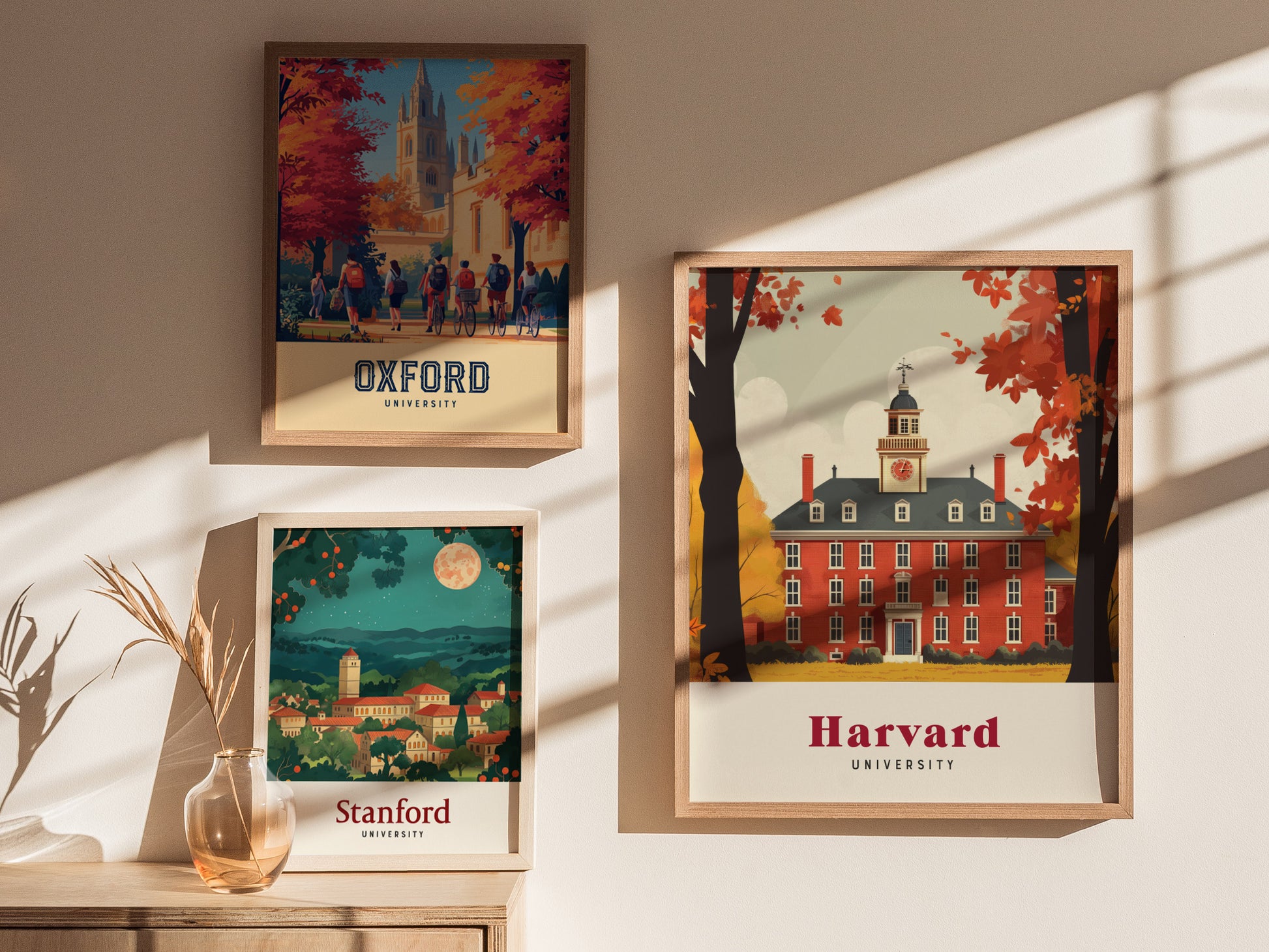 Three framed university posters are displayed: Oxford with students walking, Harvard with a classic red building, and Stanford featuring a scenic landscape with a full moon.