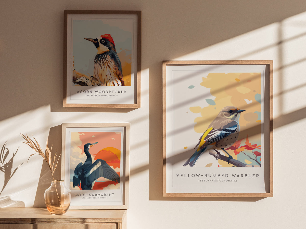 Yellow-rumped Warbler, Setophaga coronata Poster | Vibrant Songbird Nature Poster Wall Art — styled in a modern interior