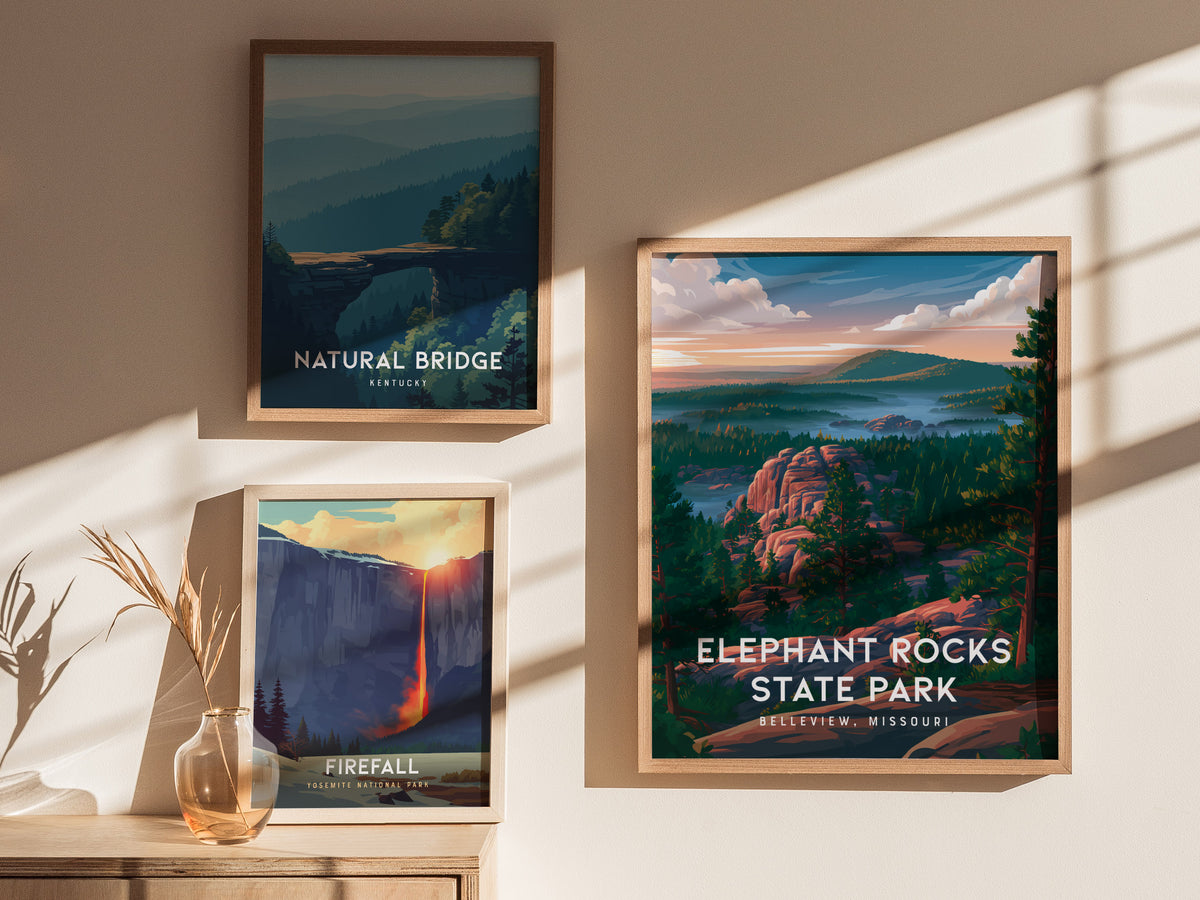 Elephant Rocks State Park, Belleview, Missouri Poster | Ancient Granite Boulders Travel Wall Art — styled in a modern interio