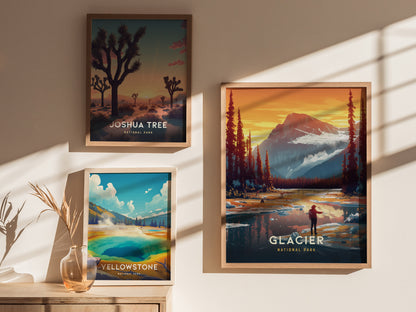 Three framed posters of national parks, including Glacier, Joshua Tree, and Yellowstone, are displayed on a sunlit wall with a decorative vase.
