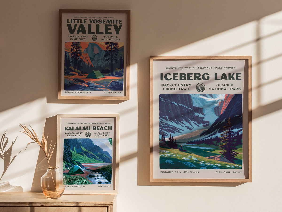 Iceberg Lake, Glacier National Park Poster | Hiker Gift | Backcountry Trail Wall Art — styled in a modern interior