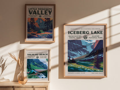 Iceberg Lake, Glacier National Park Poster | Hiker Gift | Backcountry Trail Wall Art — styled in a modern interior