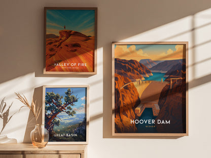 Three framed travel posters are displayed on a wall. The posters depict the Valley of Fire, Great Basin, and Hoover Dam, each with vibrant illustrations showcasing natural landscapes. Sunlight casts shadows across the wall.
