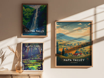 Three framed travel posters are displayed on a wall. They depict Manoa Falls, Napa Valley, and Alafia River, each showcasing vibrant landscapes under soft lighting.