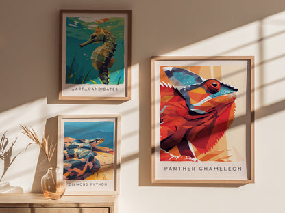 Panther Chameleon Poster | Vibrant Rainforest Reptile Wildlife Wall Art — styled in a modern interior