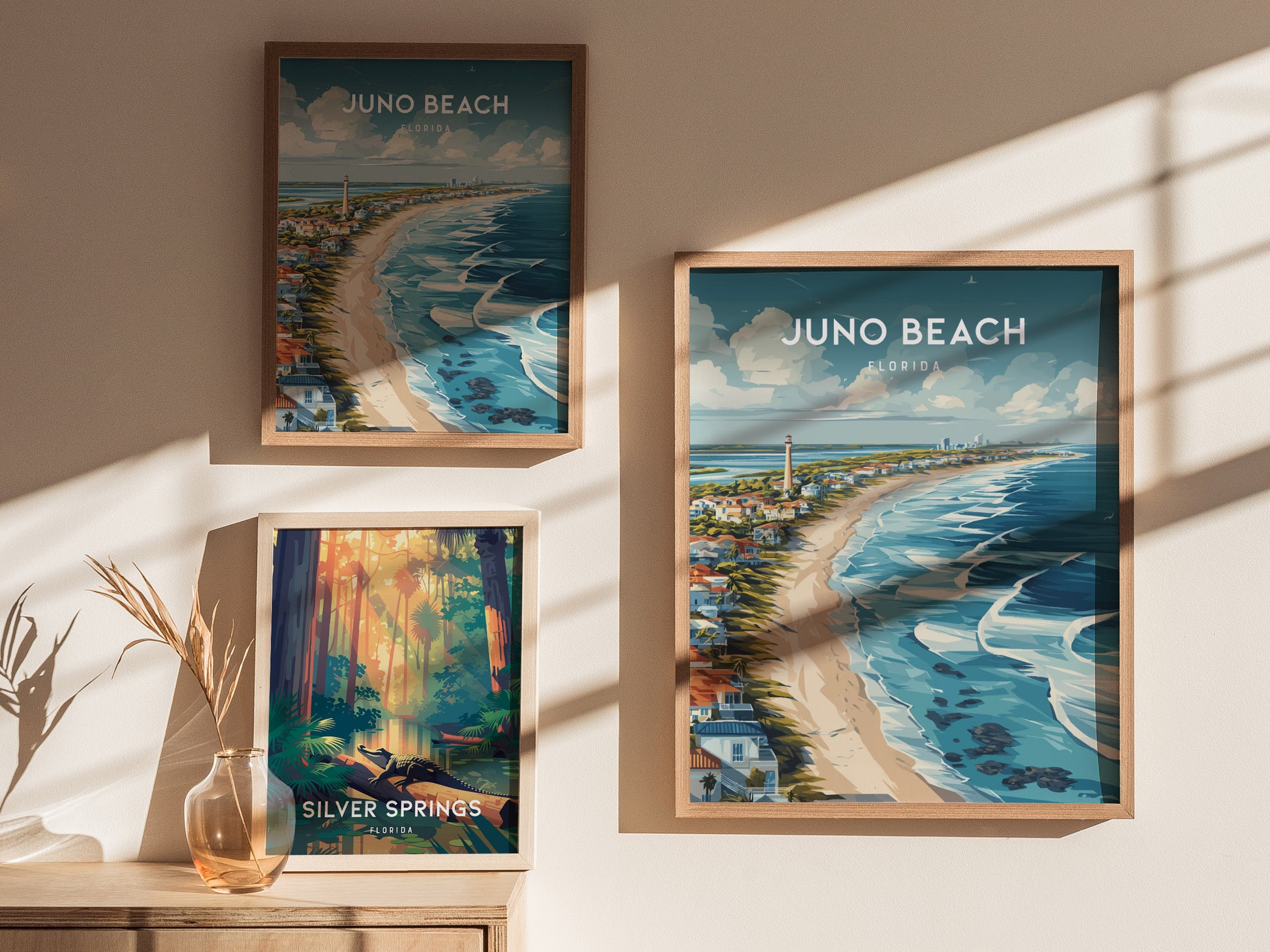 Juno Beach, Florida Poster | Sea Turtle & Sunrise Shoreline Wall Art — styled in a modern interior