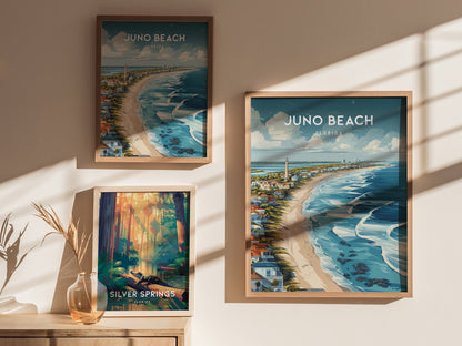 Juno Beach, Florida Poster | Sea Turtle & Sunrise Shoreline Wall Art — styled in a modern interior