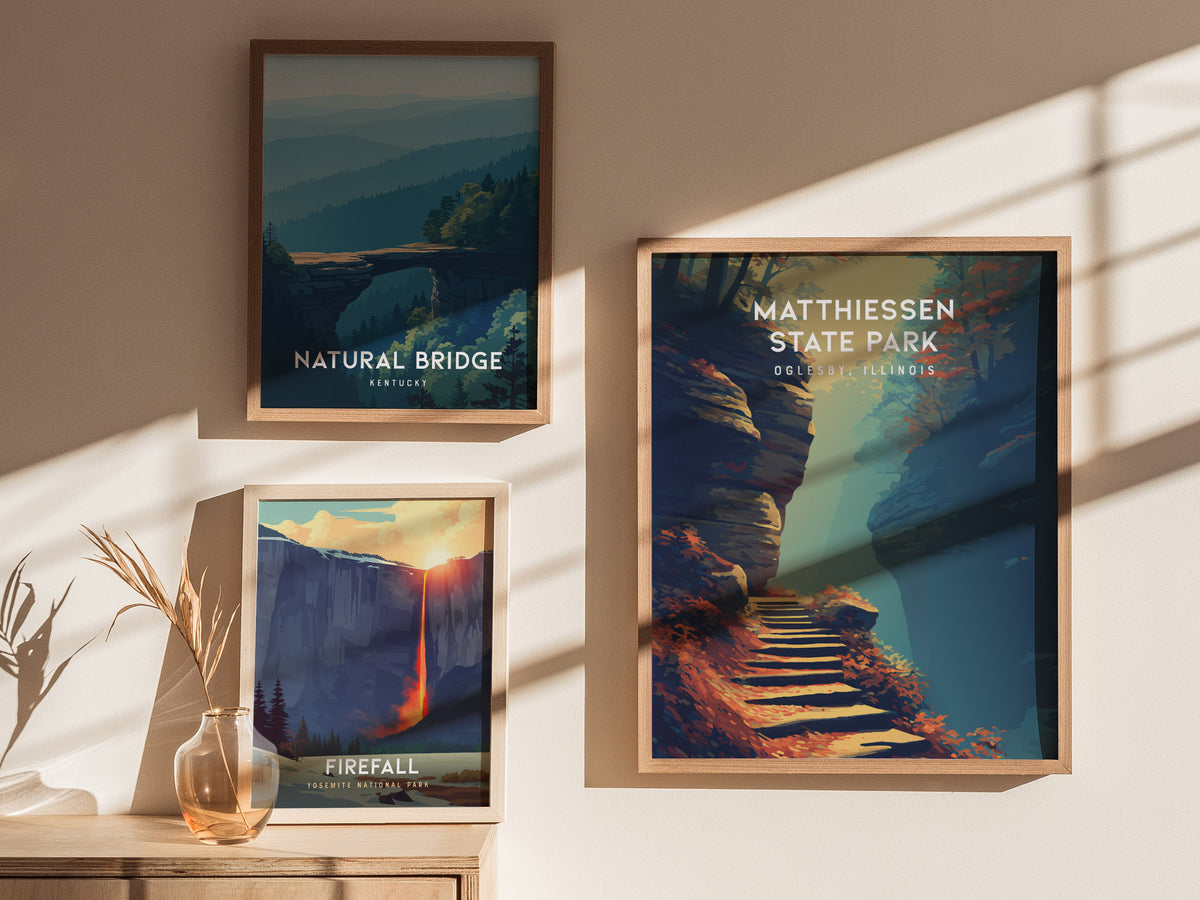 Matthiessen State Park, Oglesby, Illinois Poster | Canyon Waterfalls & Lush Gorge Wall Art — styled in a modern interior