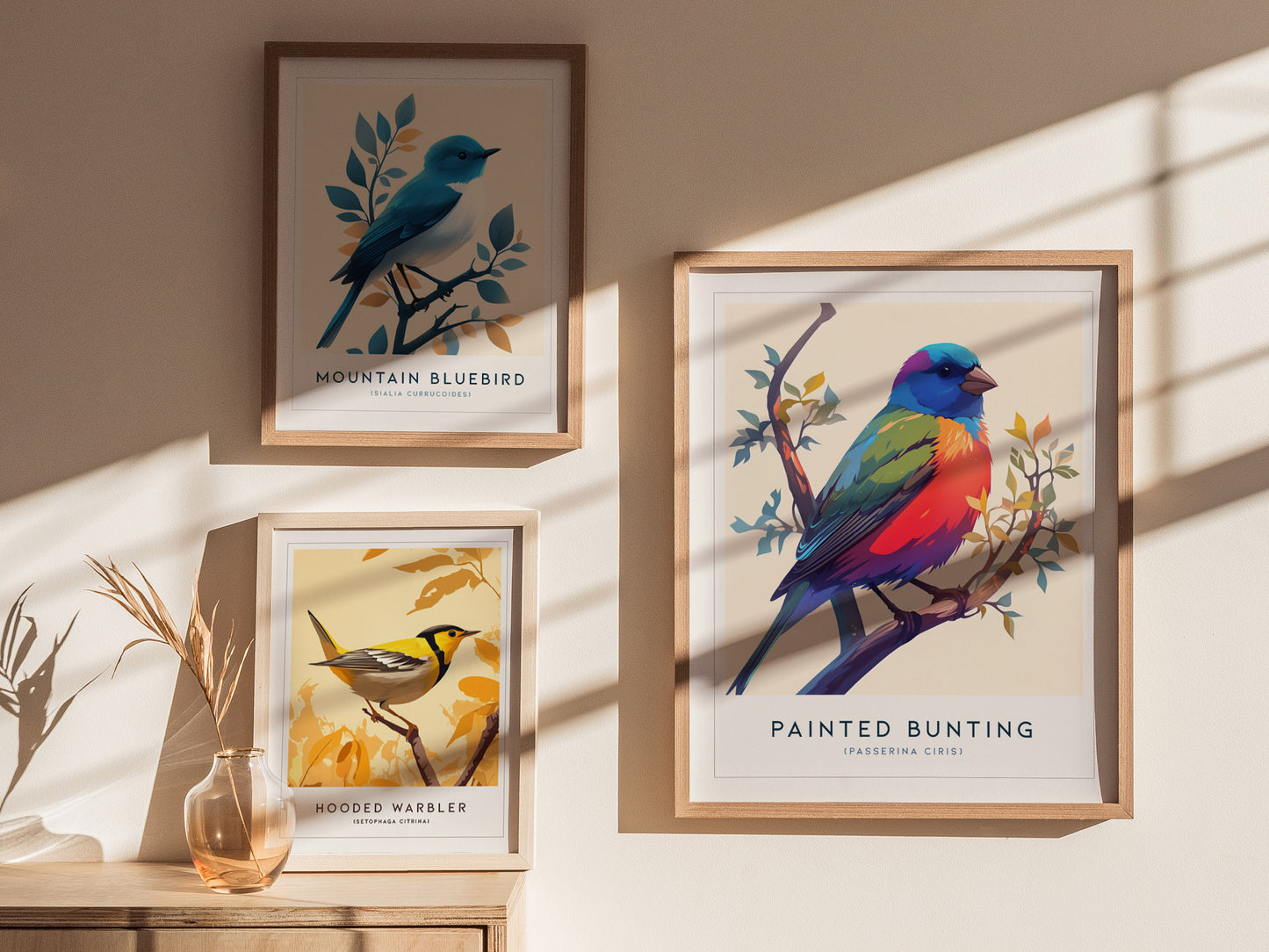 Vibrant Painted Bunting art print in a modern frame, showcasing bright blues, reds, and greens, perfect for nature lovers and wildlife art enthusiasts.