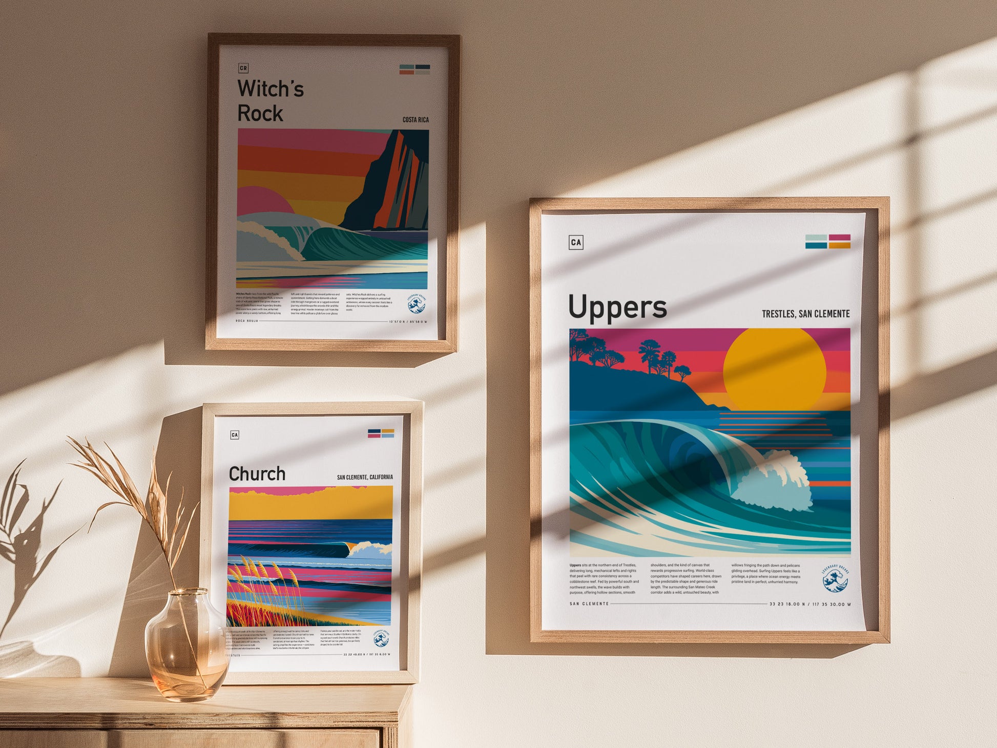 Uppers, Trestles Poster | Golden Hour Barrel Surf Wall Art — styled in a modern interior