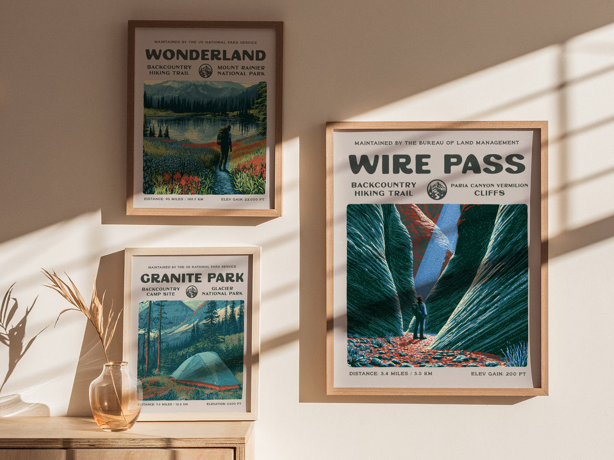 Wire Pass, Paria Canyon-Vermilion Cliffs Poster | Hiker Gift | Backcountry Trail Wall Art — styled in a modern interior