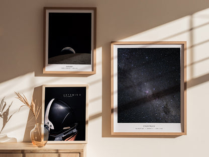 Framed Milky Way night sky poster featuring vibrant stars in deep blacks and blues, perfect for space art enthusiasts and NASA wall art.