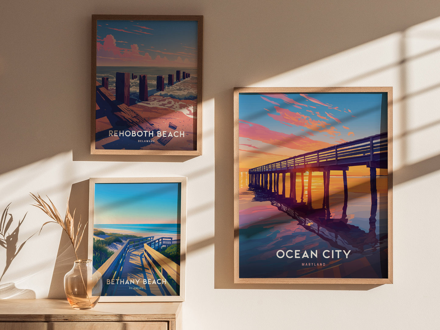 Ocean City Maryland Poster – Coastal Sunset Pier Print, Beach House Wall Art, Coastal Home Decor, Available Framed/Unframed, Travel Gift