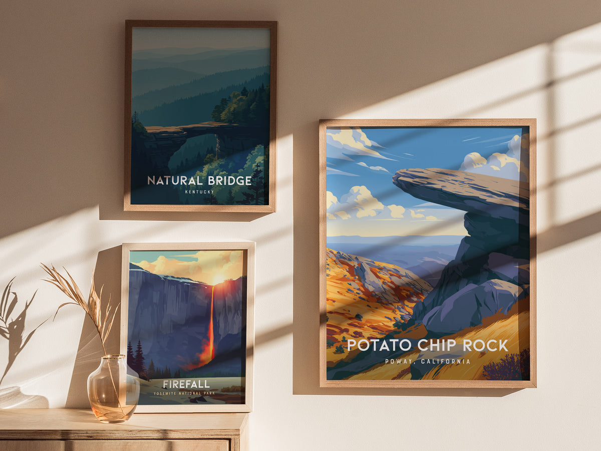 Potato Chip Rock, California Poster | Iconic Balanced Boulder Trail Wall Art — styled in a modern interior