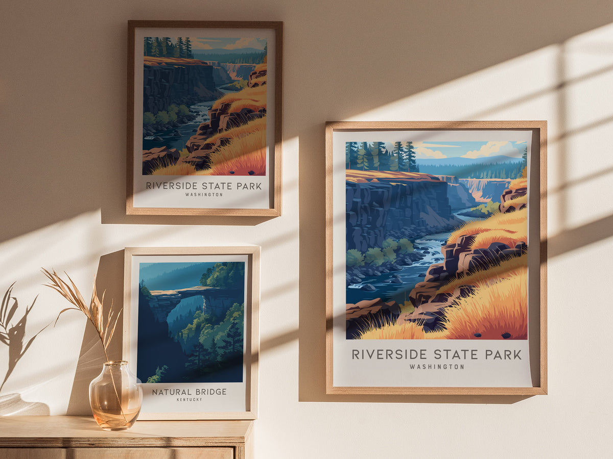 Riverside State Park Matte Border Poster | Washington Travel Wall Art — styled in a modern interior