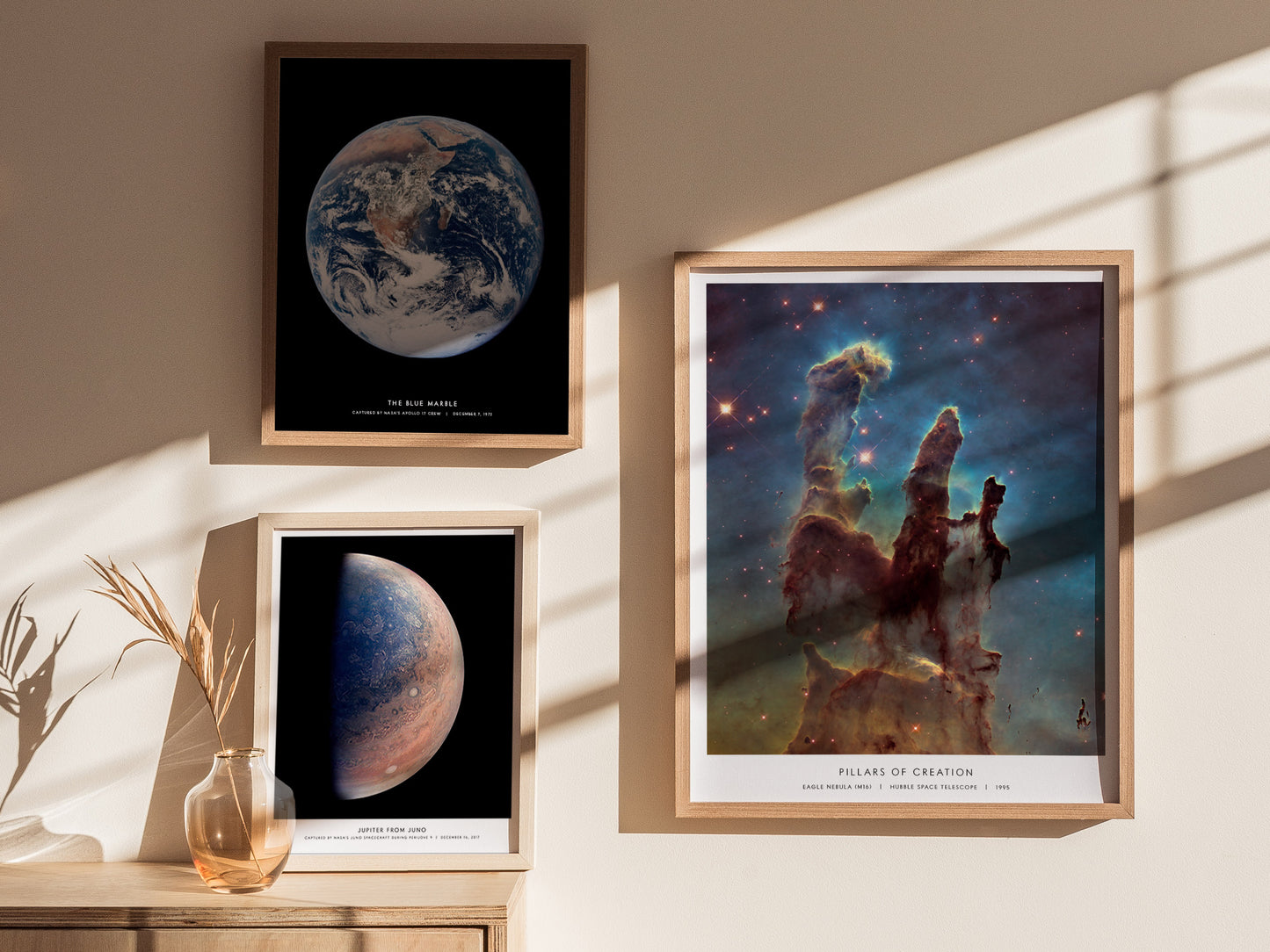 Gallery wall featuring Pillars of Creation poster alongside other NASA space prints