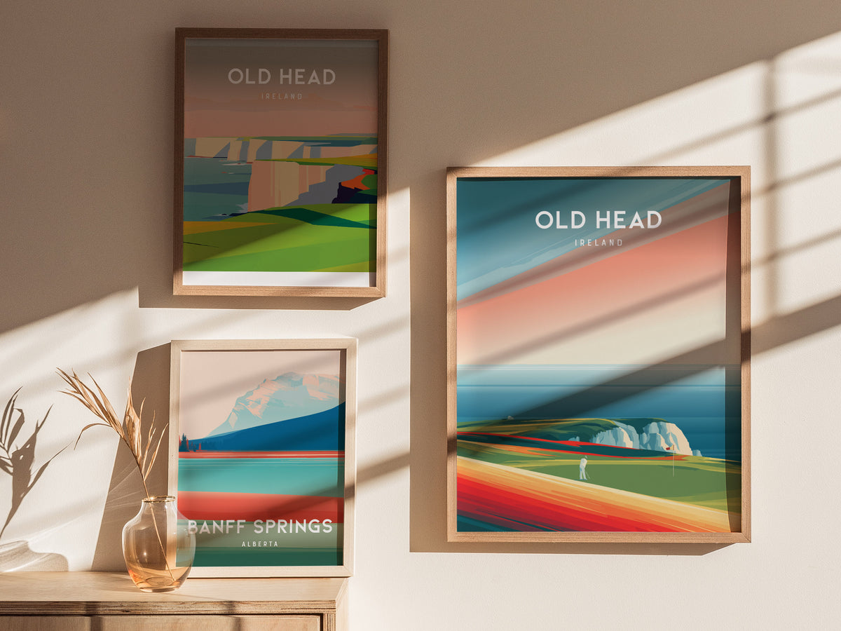 Old Head, Ireland Poster | Dramatic Cliffs & Fairway Golfer Gift Wall Art — styled in a modern interior