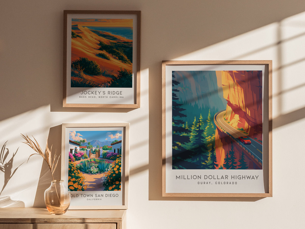 Million Dollar Highway Matte Border Poster | Ouray, Colorado Destination Print — styled in a modern interior