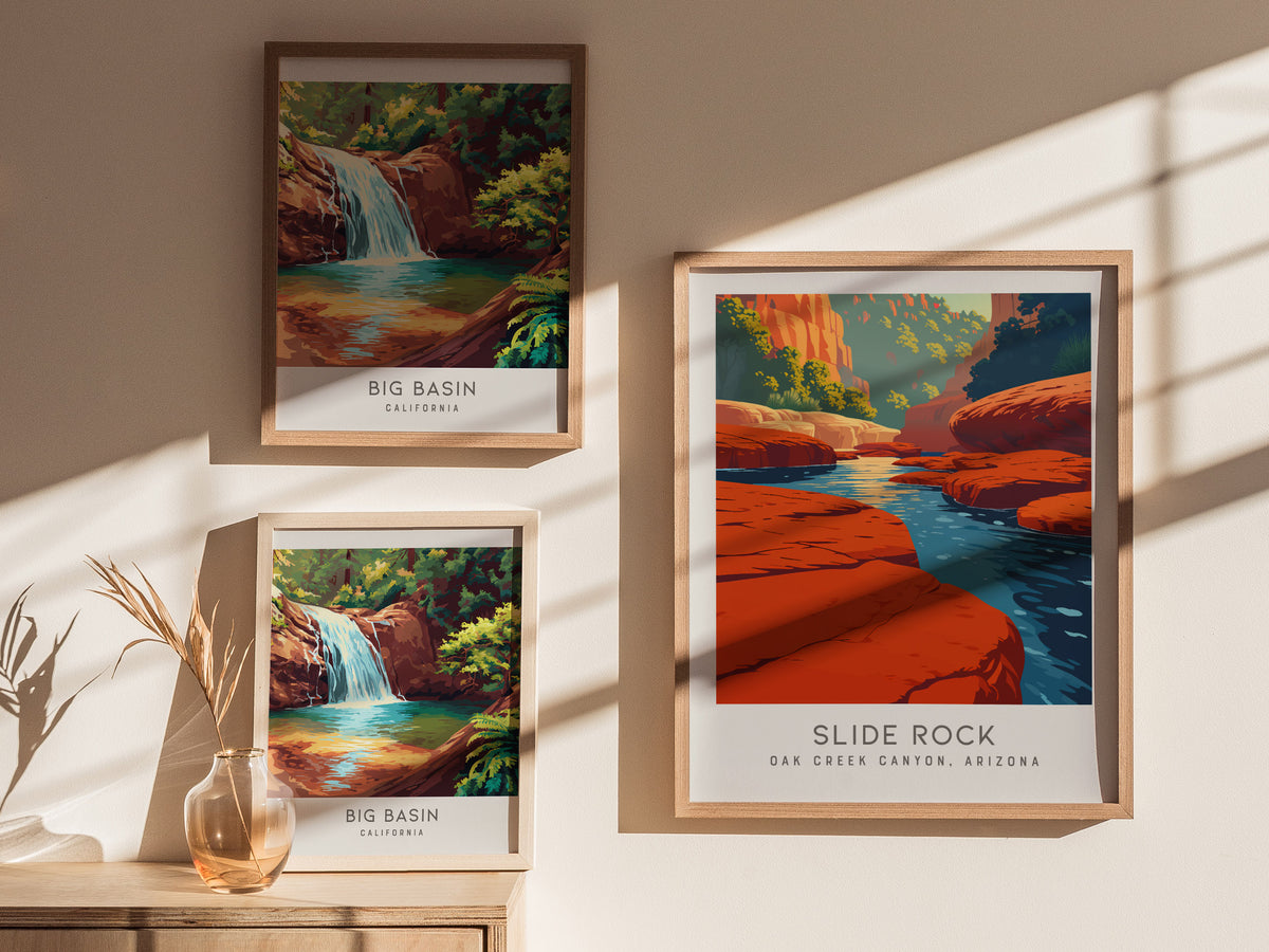 Slide Rock Matte Border Poster | Oak Creek Canyon, Arizona Travel Wall Art — styled in a modern interior