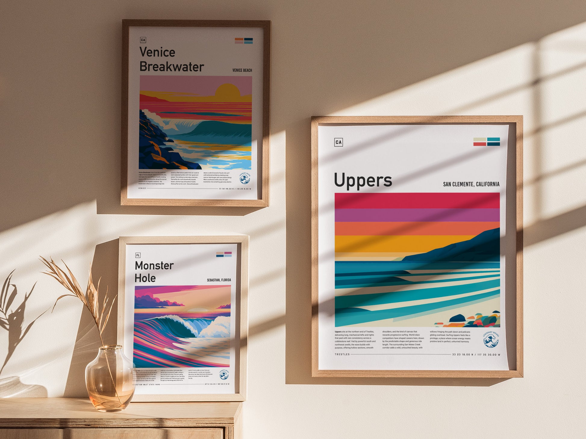 Uppers, Trestles Poster | Golden Hour Barrel Surf Wall Art — styled in a modern interior