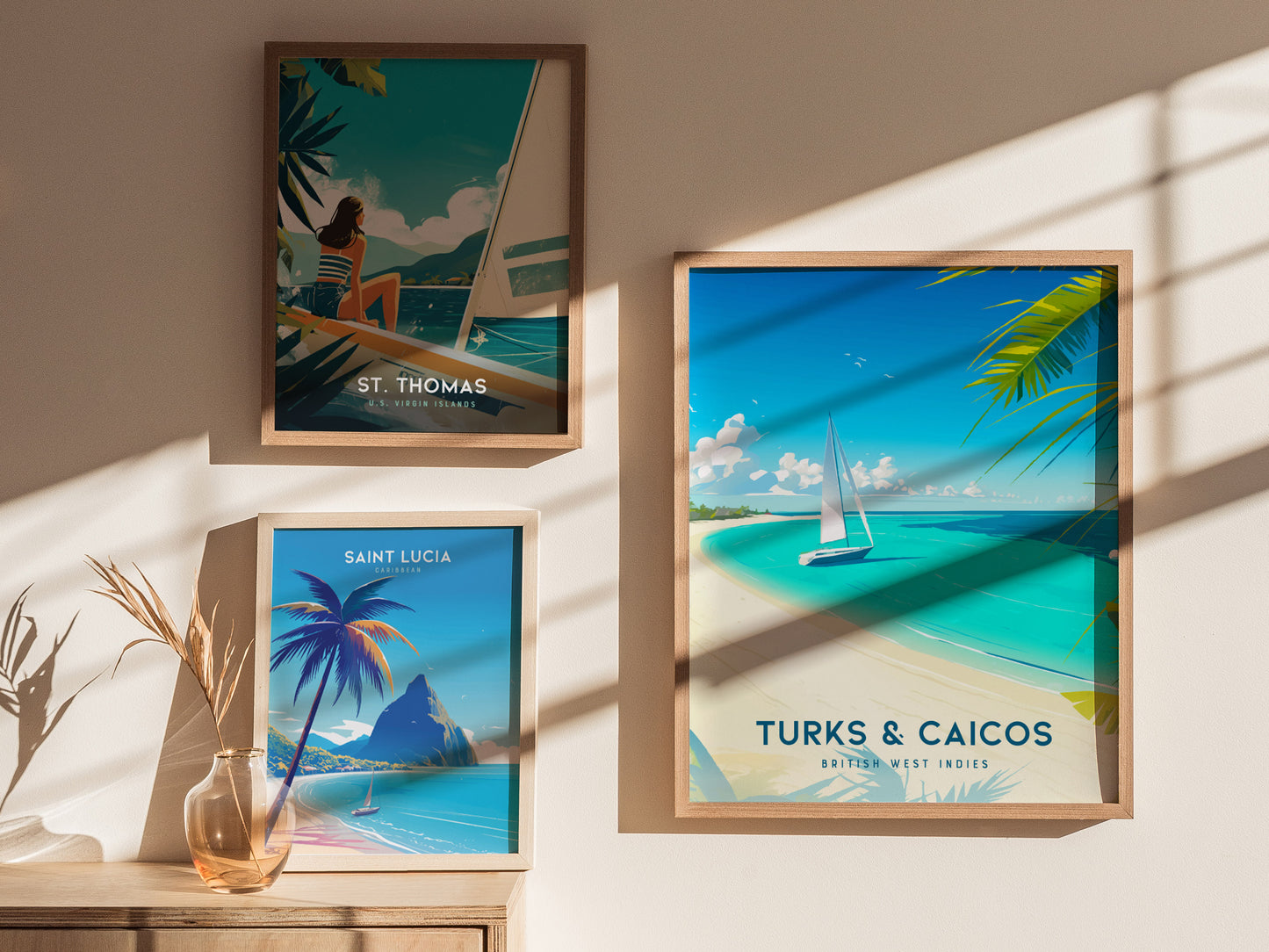 Vibrant Turks & Caicos beach poster featuring a sailboat on turquoise waters, framed by palm trees, perfect travel art for decor.