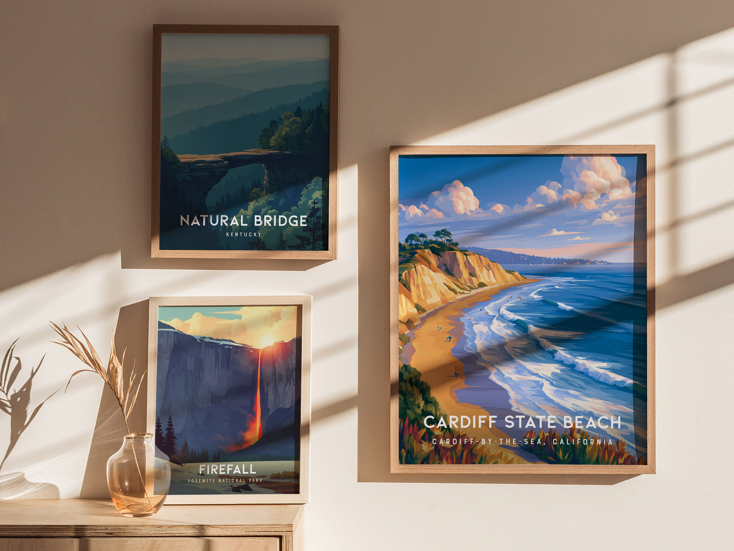 Cardiff State Beach, California Poster | Sun-Kissed Shores & Surf Wall Art — styled in a modern interior