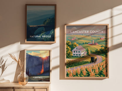 Lancaster County, Pennsylvania Poster | Rolling Farmland & Covered Bridge Wall Art — styled in a modern interior