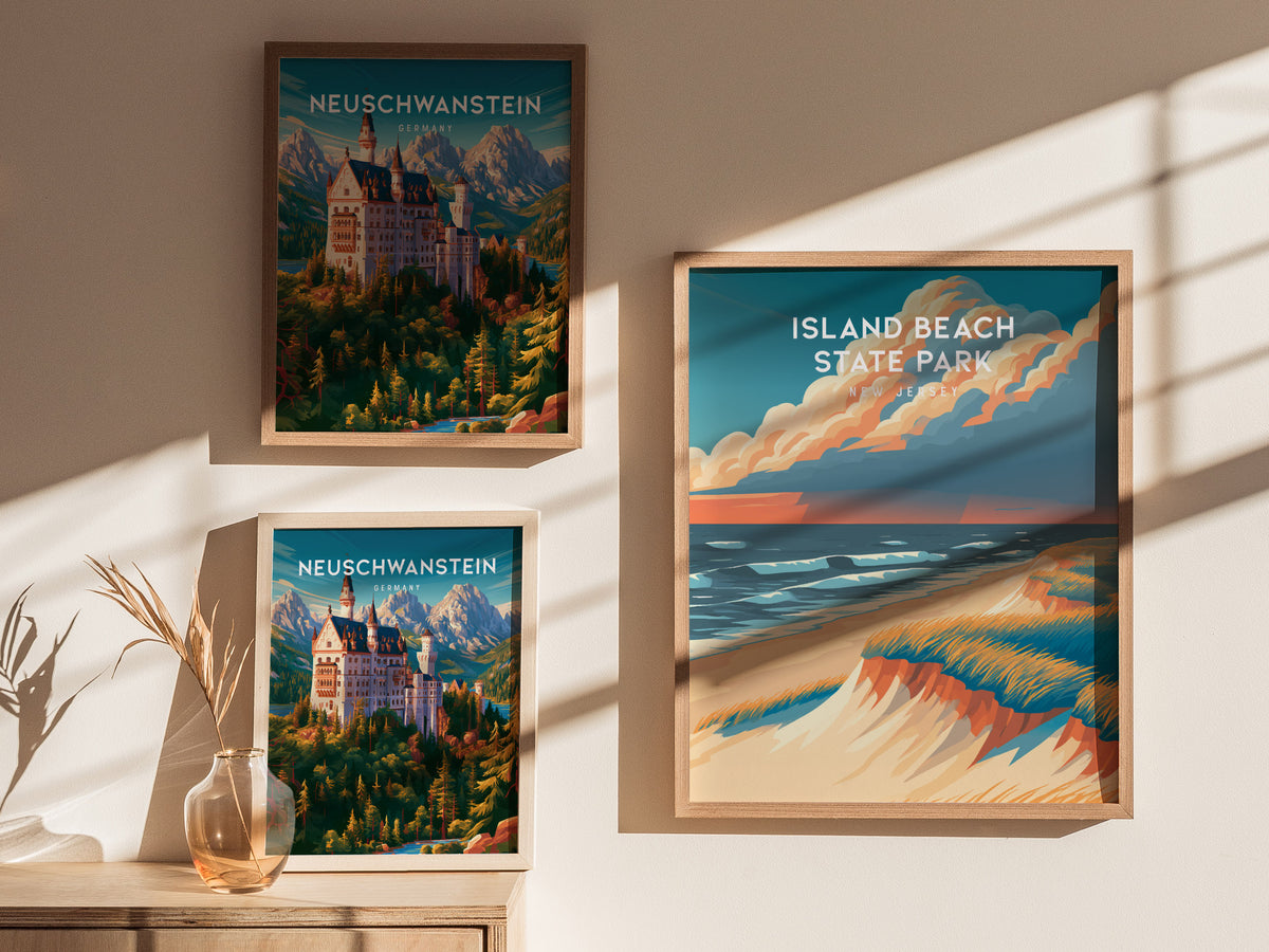 Island Beach State Park, New Jersey Poster | Destination Print Seaside Dunes Wall Art — styled in a modern interior