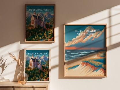 Island Beach State Park, New Jersey Poster | Destination Print Seaside Dunes Wall Art — styled in a modern interior