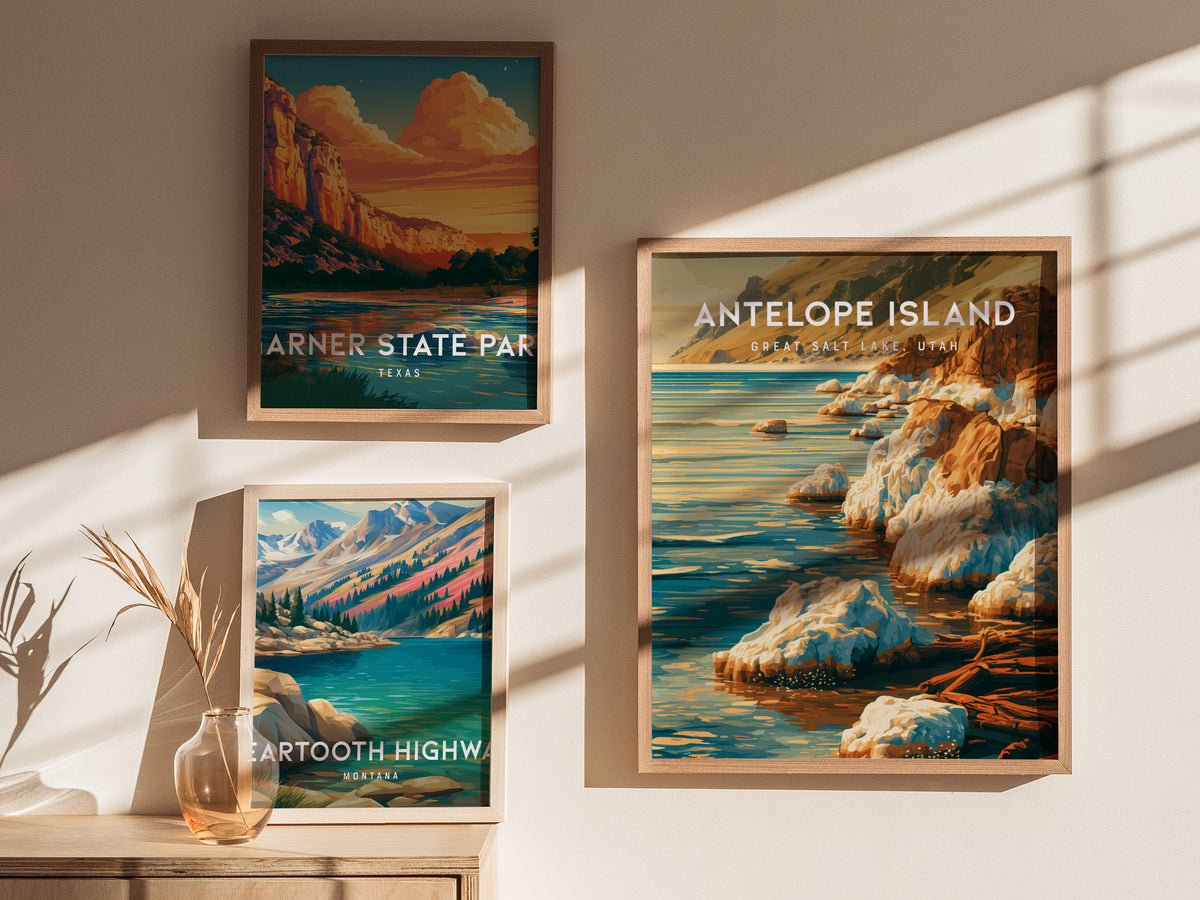 Antelope Island Poster | Great Salt Lake, Utah Framed or Unframed Travel Gift Wall Art — styled in a modern interior