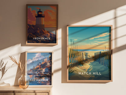 Three framed posters are displayed on a sunlit wall, featuring scenic artwork of Providence, Bar Harbor, and Watch Hill with coastal landscapes and vibrant colors.
