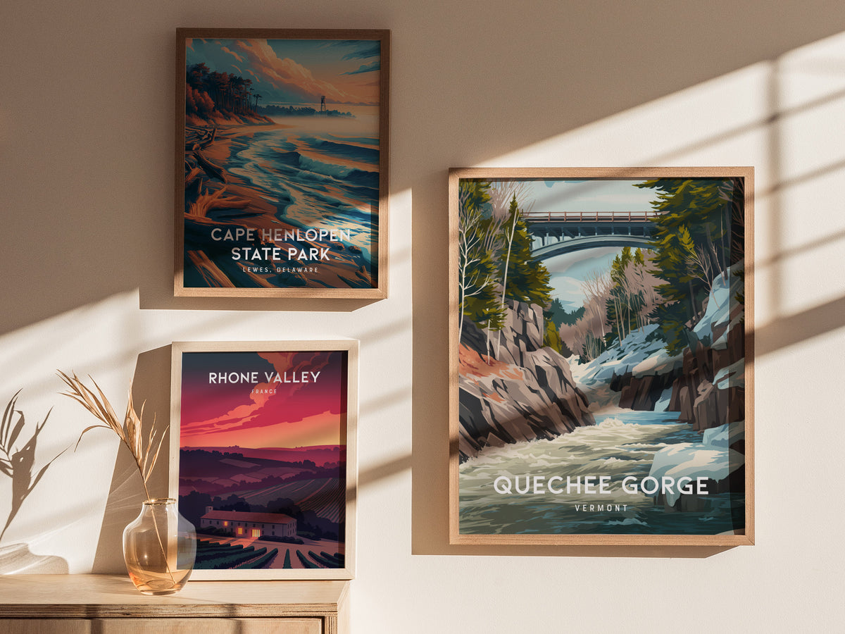 Quechee Gorge, Vermont Poster | Scenic Bridge & River Valley Wall Art — styled in a modern interior