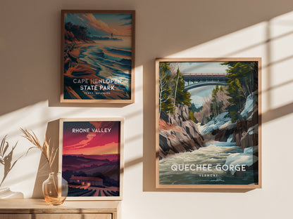 Quechee Gorge, Vermont Poster | Scenic Bridge & River Valley Wall Art — styled in a modern interior