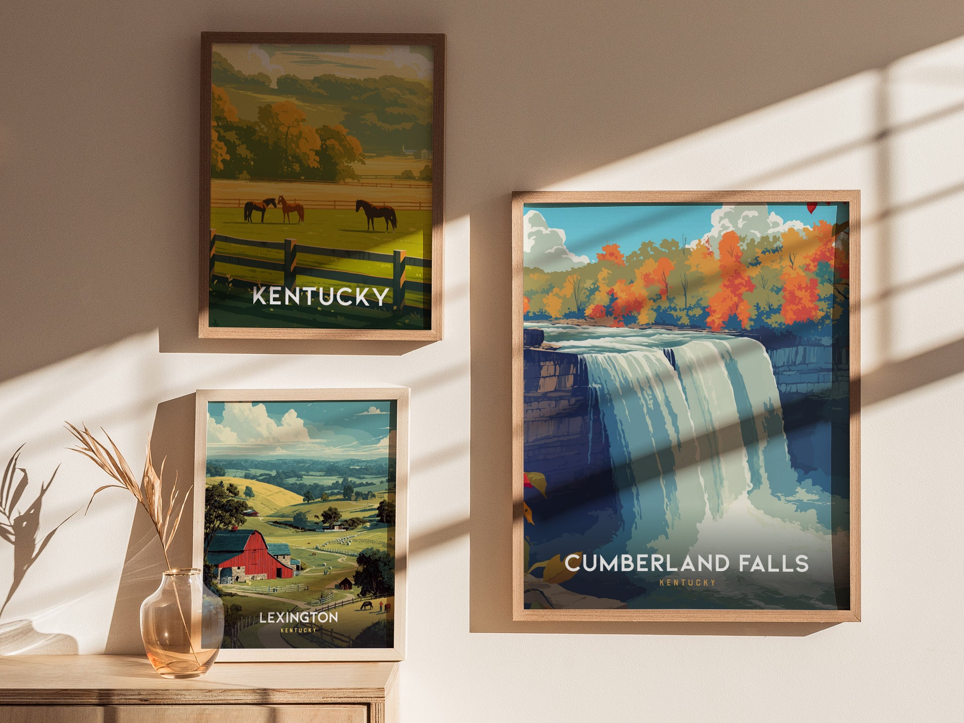 Framed vintage travel poster of Cumberland Falls in Kentucky, showcasing a vibrant waterfall and colorful autumn foliage.