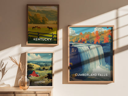 Framed vintage travel poster of Cumberland Falls in Kentucky, showcasing a vibrant waterfall and colorful autumn foliage.