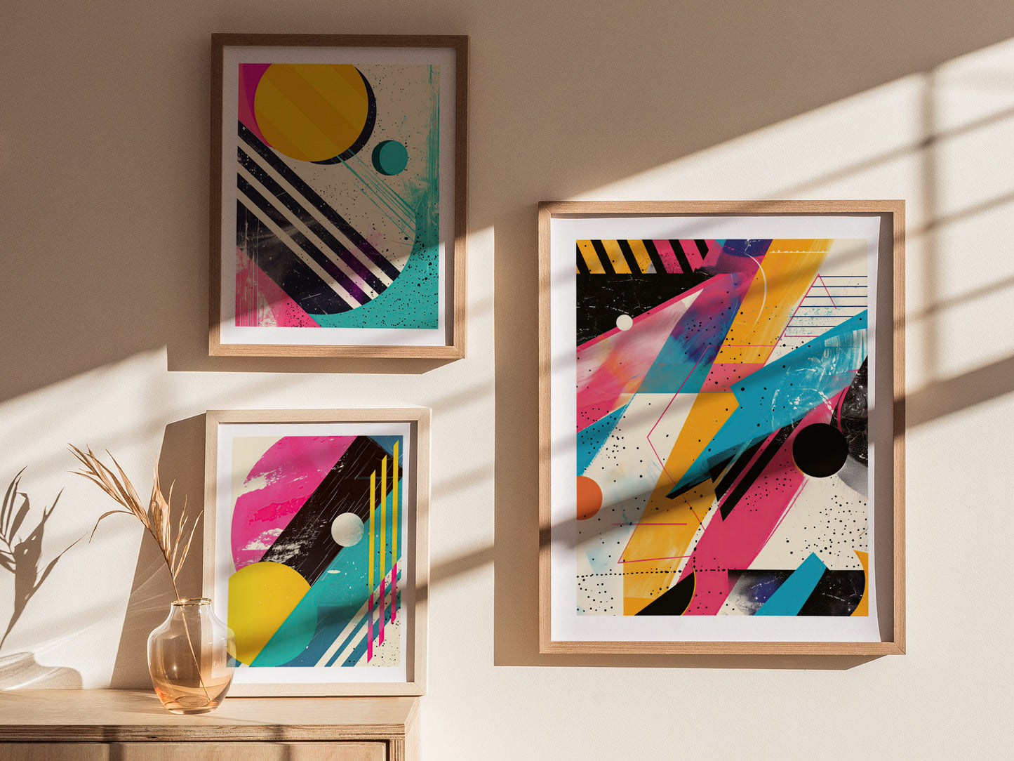 Three framed posters featuring vibrant 1980s-style geometric designs with bold colors and abstract shapes hang on a sunlit wall. A small vase with dried grass sits below.